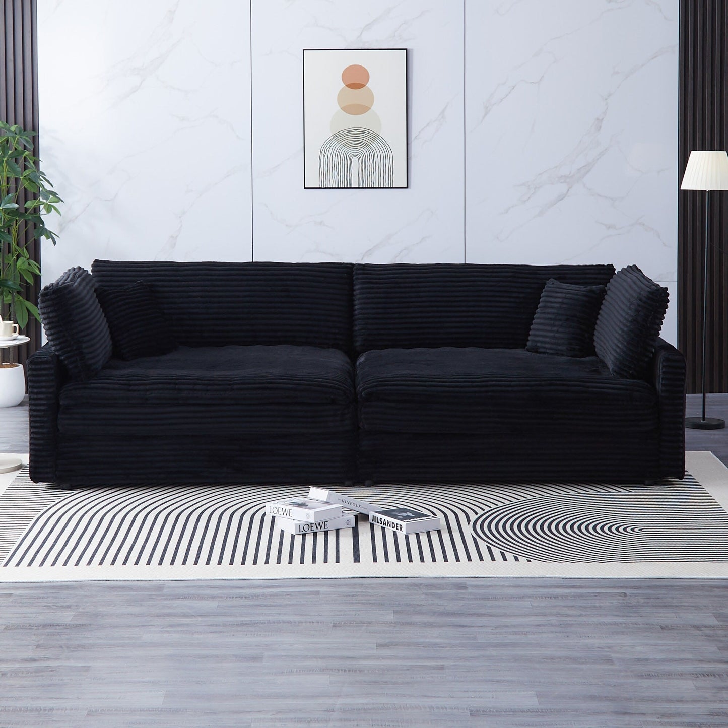 Canapé en velours côtelé noir de 112 pouces : deux coussins décoratifs, quatre dossiers, ouvrant un nouveau style pour l'espace décontracté du salon