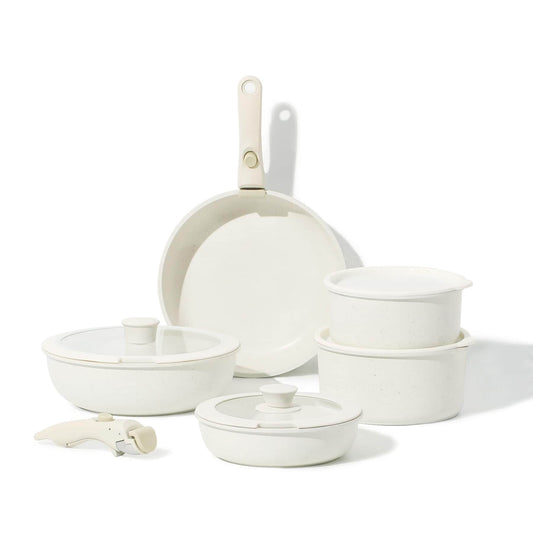 Ensemble de 11 casseroles et poêles antiadhésives, poignée amovible, batterie de cuisine pour camping-car, compatible four, blanc crème