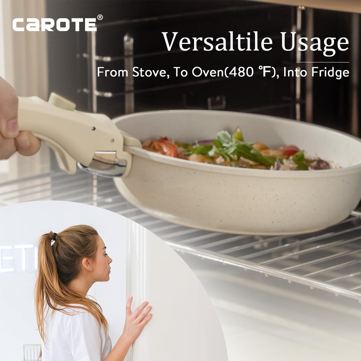 Ensemble de 11 casseroles et poêles antiadhésives, poignée amovible, batterie de cuisine pour camping-car, compatible four, blanc crème