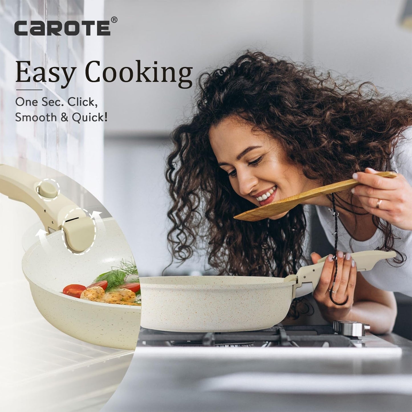 Ensemble de 11 casseroles et poêles antiadhésives, poignée amovible, batterie de cuisine pour camping-car, compatible four, blanc crème