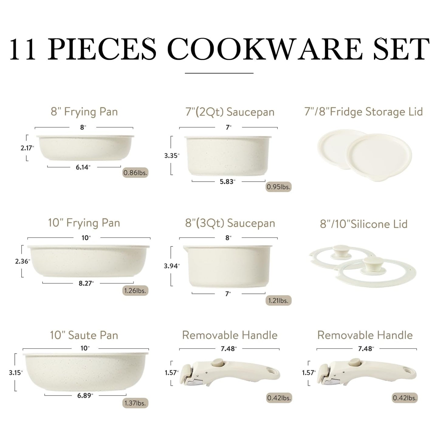 Ensemble de 11 casseroles et poêles antiadhésives, poignée amovible, batterie de cuisine pour camping-car, compatible four, blanc crème