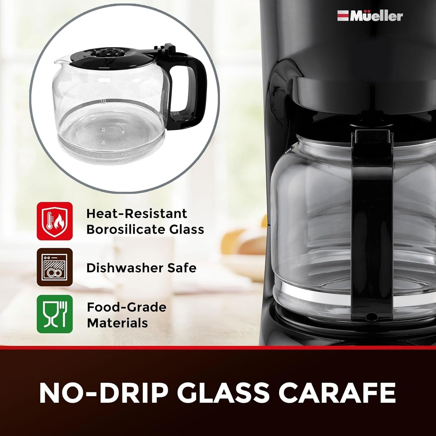 Cafetière filtre 12 tasses avec carafe en borosilicate, arrêt automatique, filtre réutilisable, anti-goutte et maintien au chaud