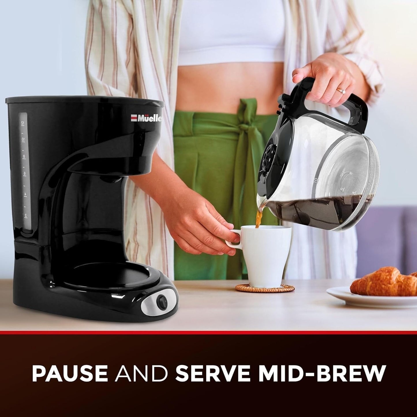 Cafetière filtre 12 tasses avec carafe en borosilicate, arrêt automatique, filtre réutilisable, anti-goutte et maintien au chaud