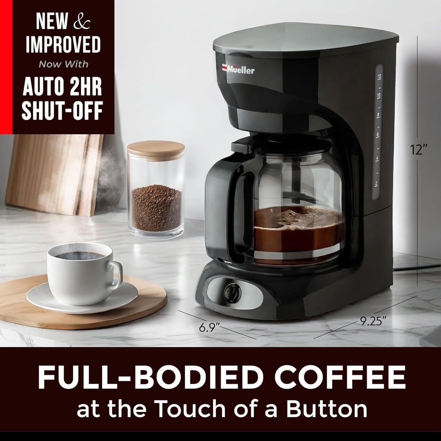 Cafetière filtre 12 tasses avec carafe en borosilicate, arrêt automatique, filtre réutilisable, anti-goutte et maintien au chaud