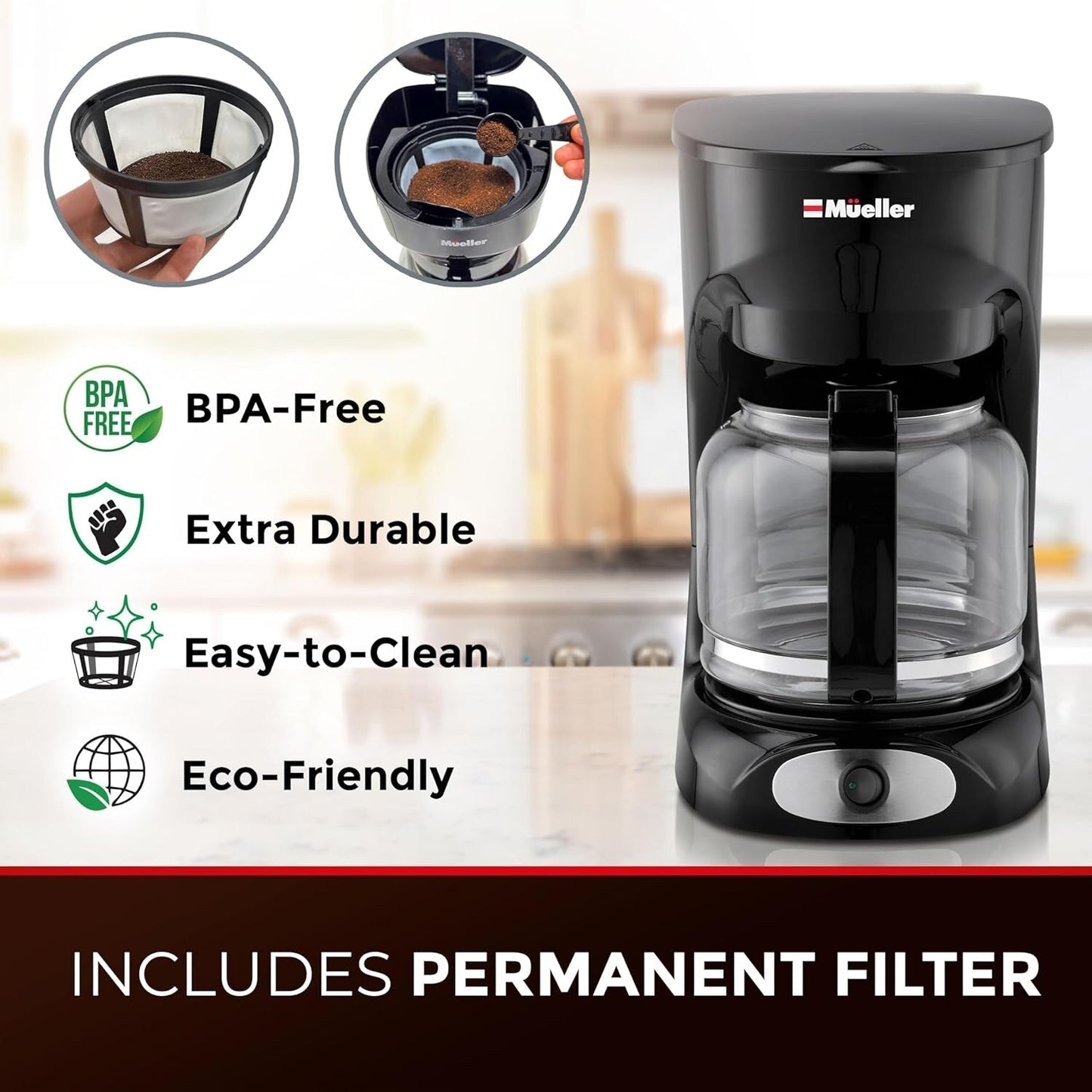 Cafetière filtre 12 tasses avec carafe en borosilicate, arrêt automatique, filtre réutilisable, anti-goutte et maintien au chaud