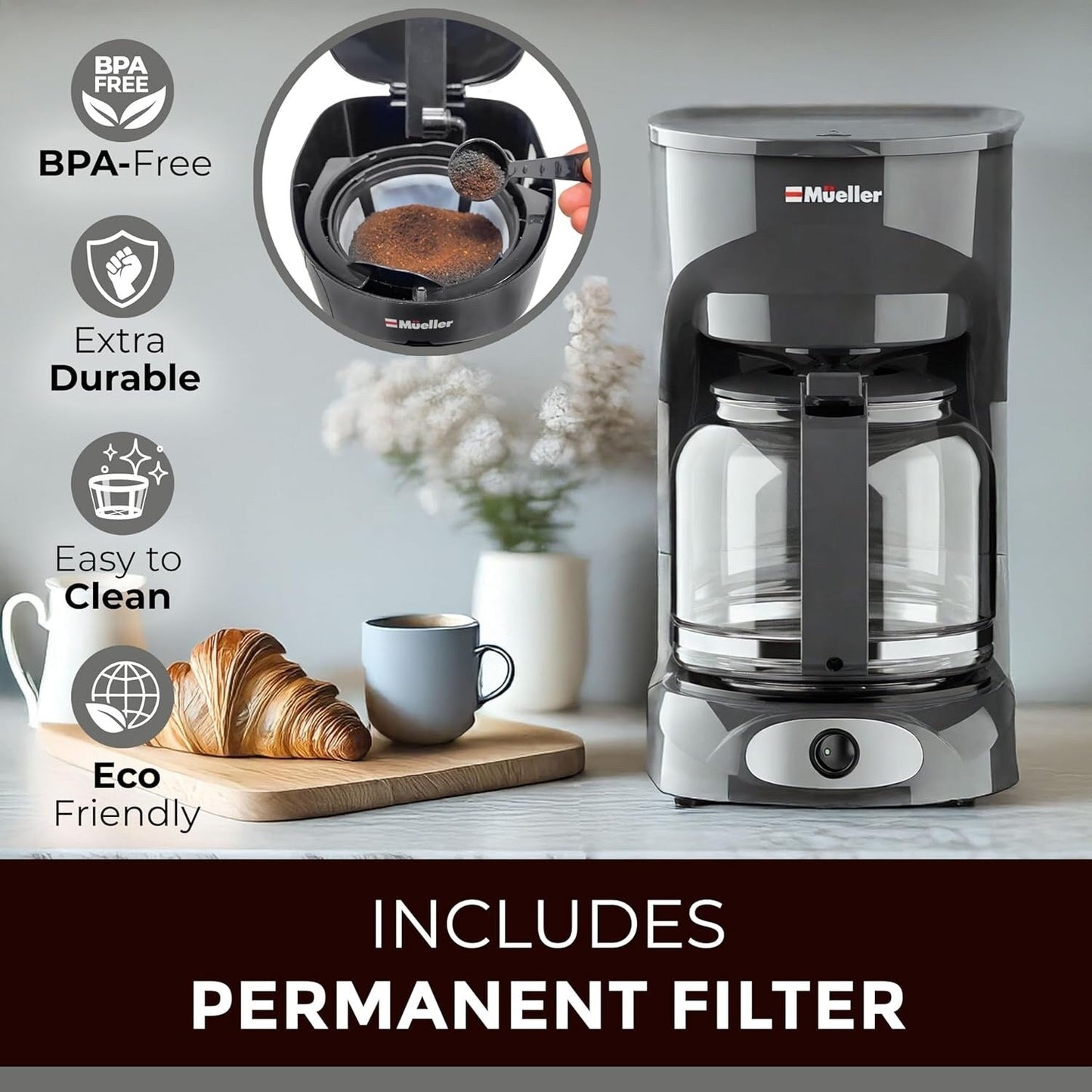 Cafetière filtre grise 12 tasses, carafe en borosilicate, arrêt automatique, filtre réutilisable, fonction maintien au chaud