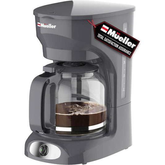 Cafetière filtre grise 12 tasses, carafe en borosilicate, arrêt automatique, filtre réutilisable, fonction maintien au chaud