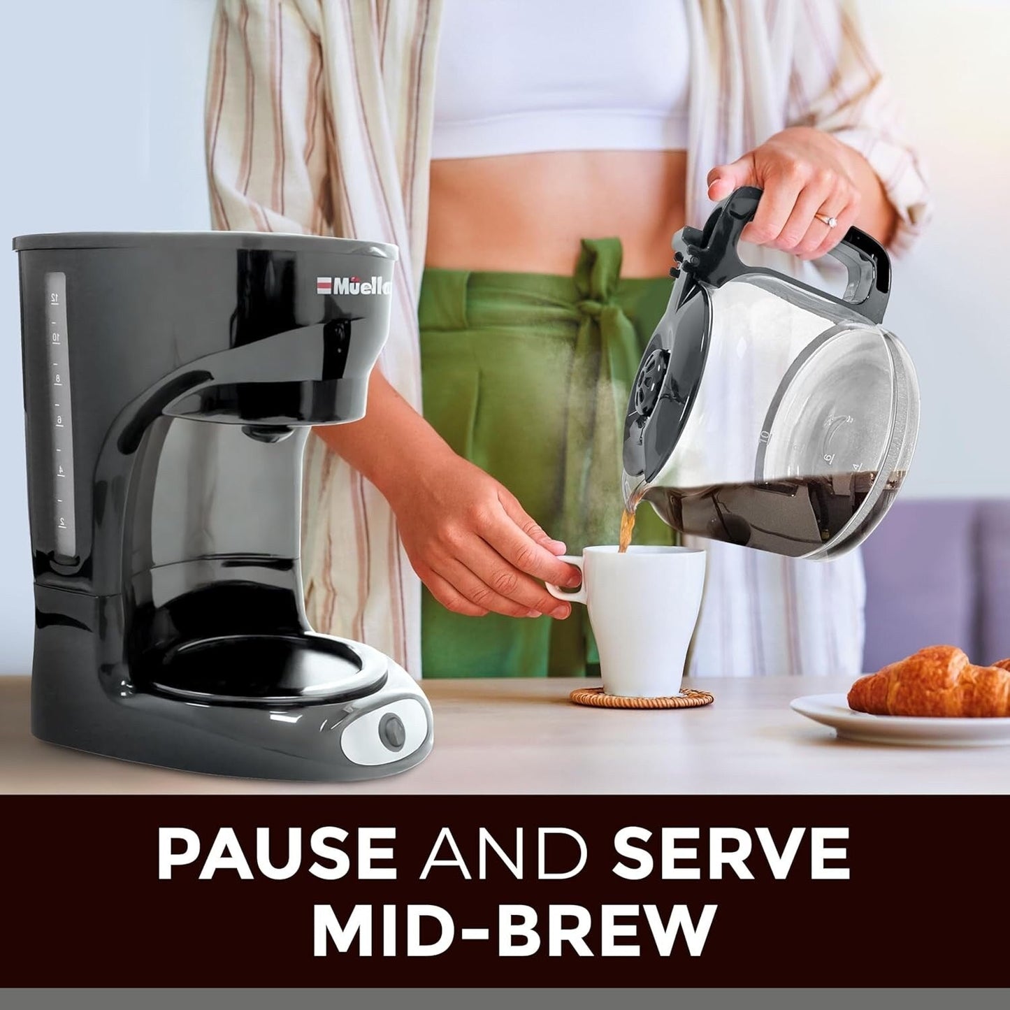 Cafetière filtre grise 12 tasses, carafe en borosilicate, arrêt automatique, filtre réutilisable, fonction maintien au chaud