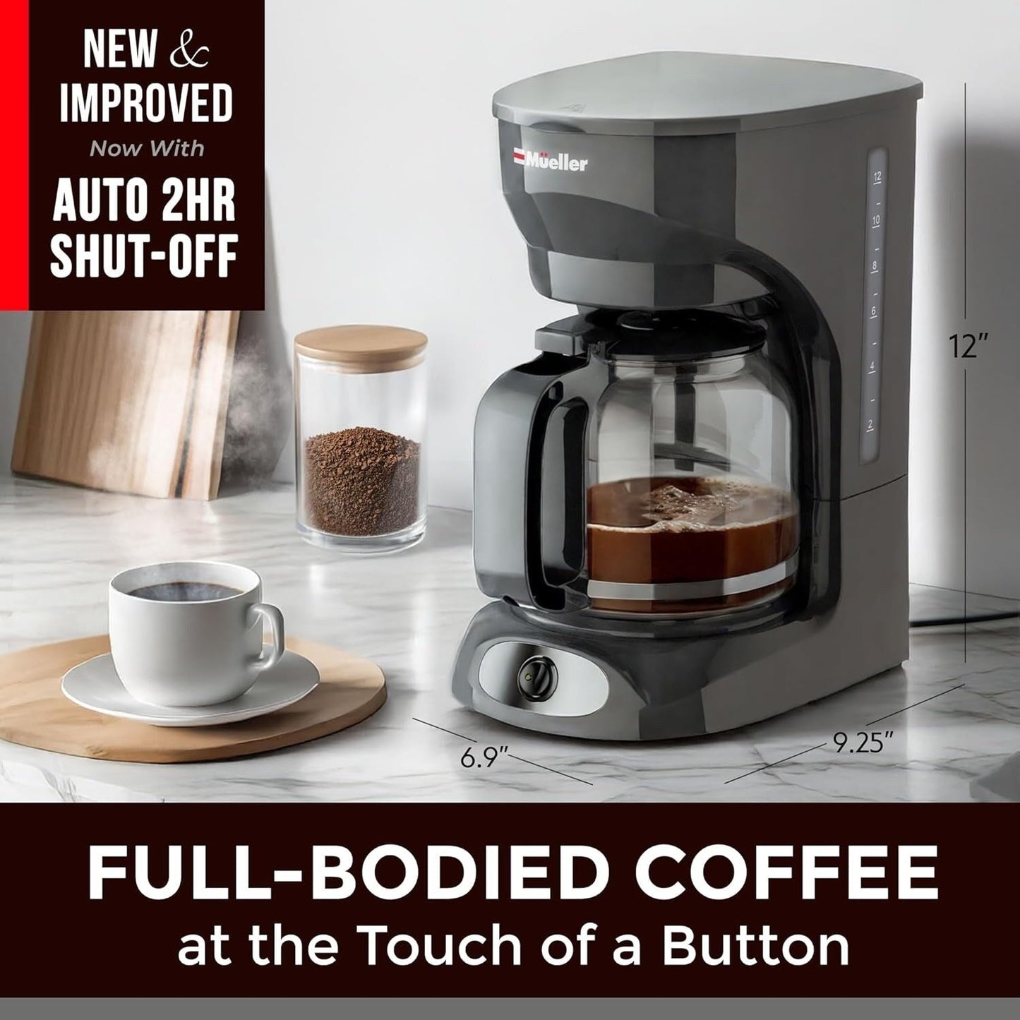 Cafetière filtre grise 12 tasses, carafe en borosilicate, arrêt automatique, filtre réutilisable, fonction maintien au chaud