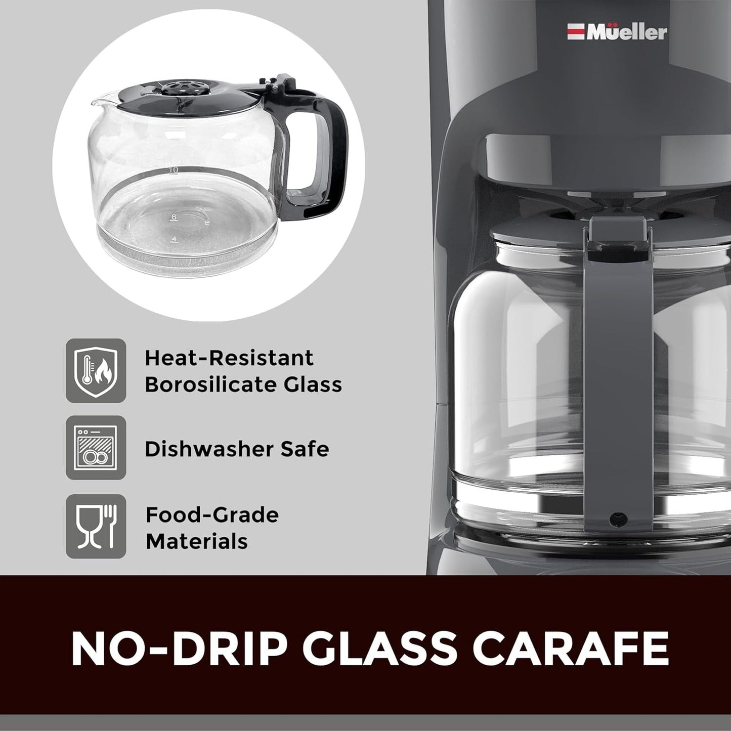 Cafetière filtre grise 12 tasses, carafe en borosilicate, arrêt automatique, filtre réutilisable, fonction maintien au chaud