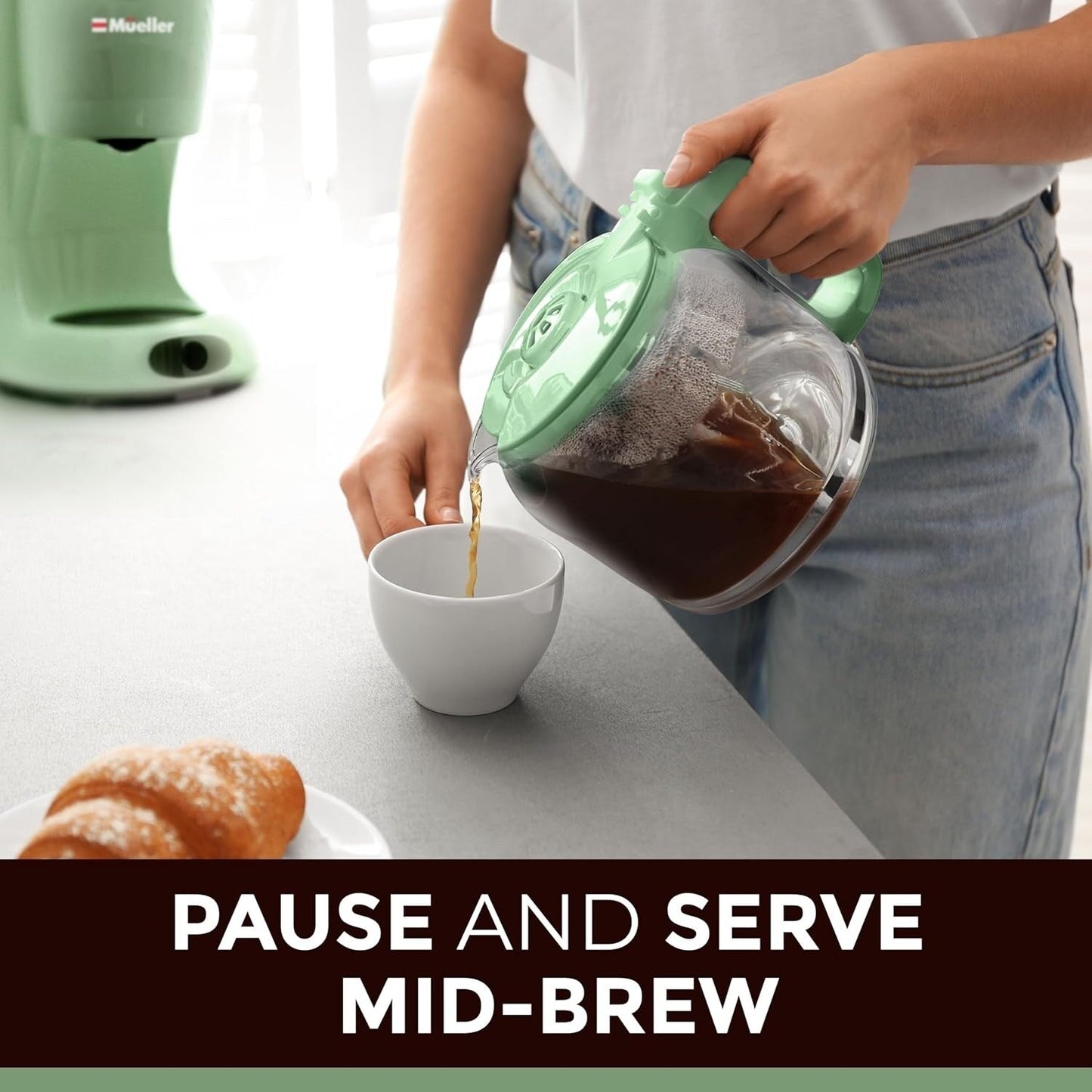 Cafetière filtre verte 12 tasses, carafe en borosilicate, arrêt automatique, filtre réutilisable, conception anti-goutte