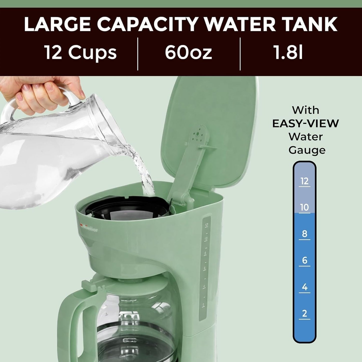 Cafetière filtre verte 12 tasses, carafe en borosilicate, arrêt automatique, filtre réutilisable, conception anti-goutte