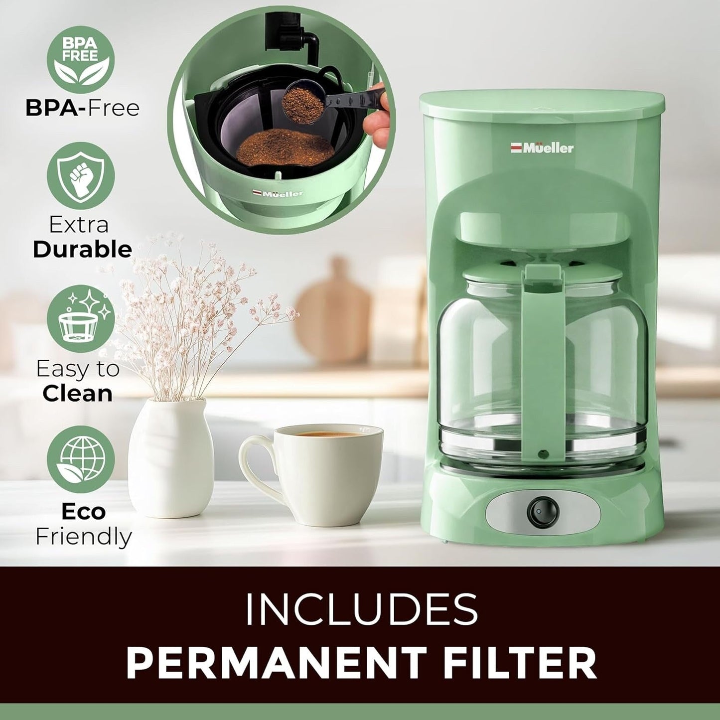 Cafetière filtre verte 12 tasses, carafe en borosilicate, arrêt automatique, filtre réutilisable, conception anti-goutte