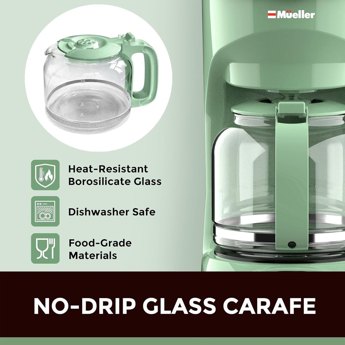 Cafetière filtre verte 12 tasses, carafe en borosilicate, arrêt automatique, filtre réutilisable, conception anti-goutte