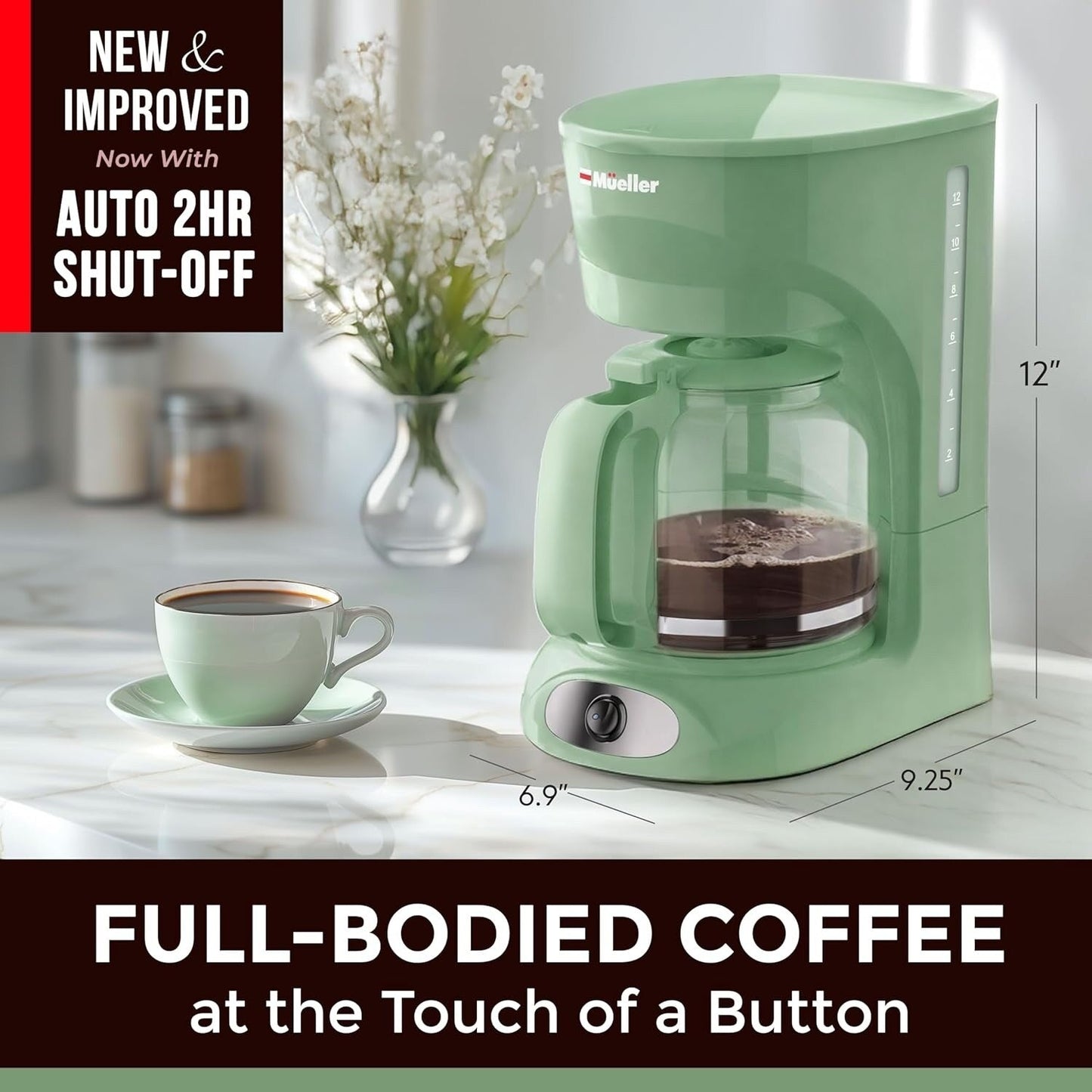 Cafetière filtre verte 12 tasses, carafe en borosilicate, arrêt automatique, filtre réutilisable, conception anti-goutte