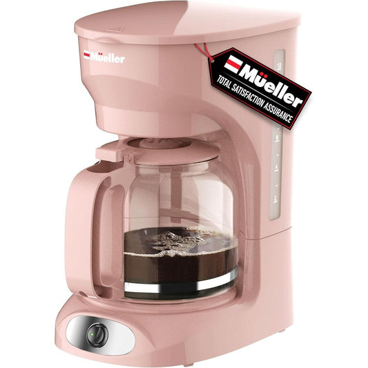 Cafetière rose 12 tasses, carafe en borosilicate, arrêt automatique, filtre réutilisable, fonction maintien au chaud