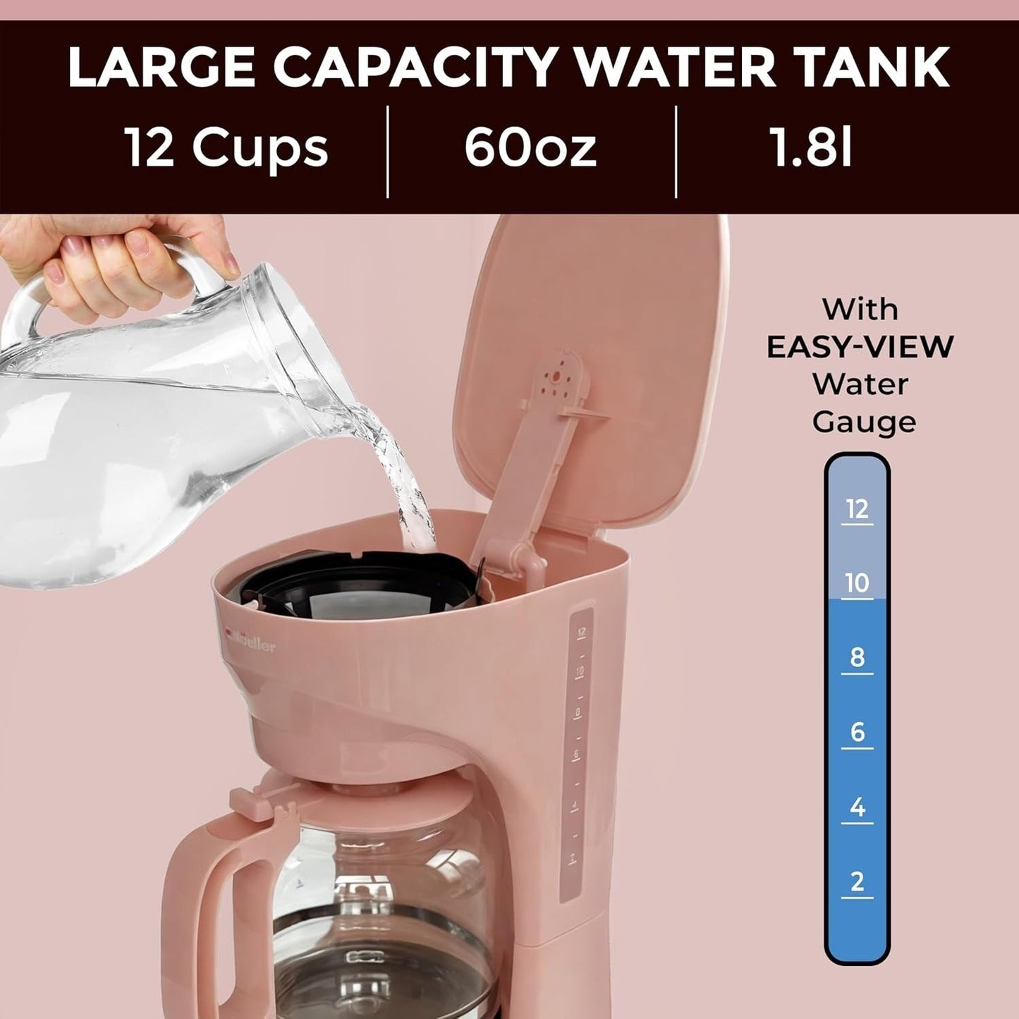 Cafetière rose 12 tasses, carafe en borosilicate, arrêt automatique, filtre réutilisable, fonction maintien au chaud