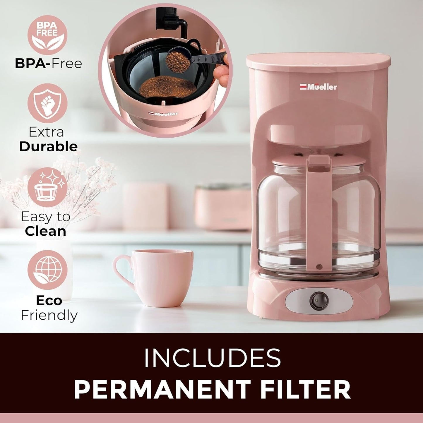 Cafetière rose 12 tasses, carafe en borosilicate, arrêt automatique, filtre réutilisable, fonction maintien au chaud