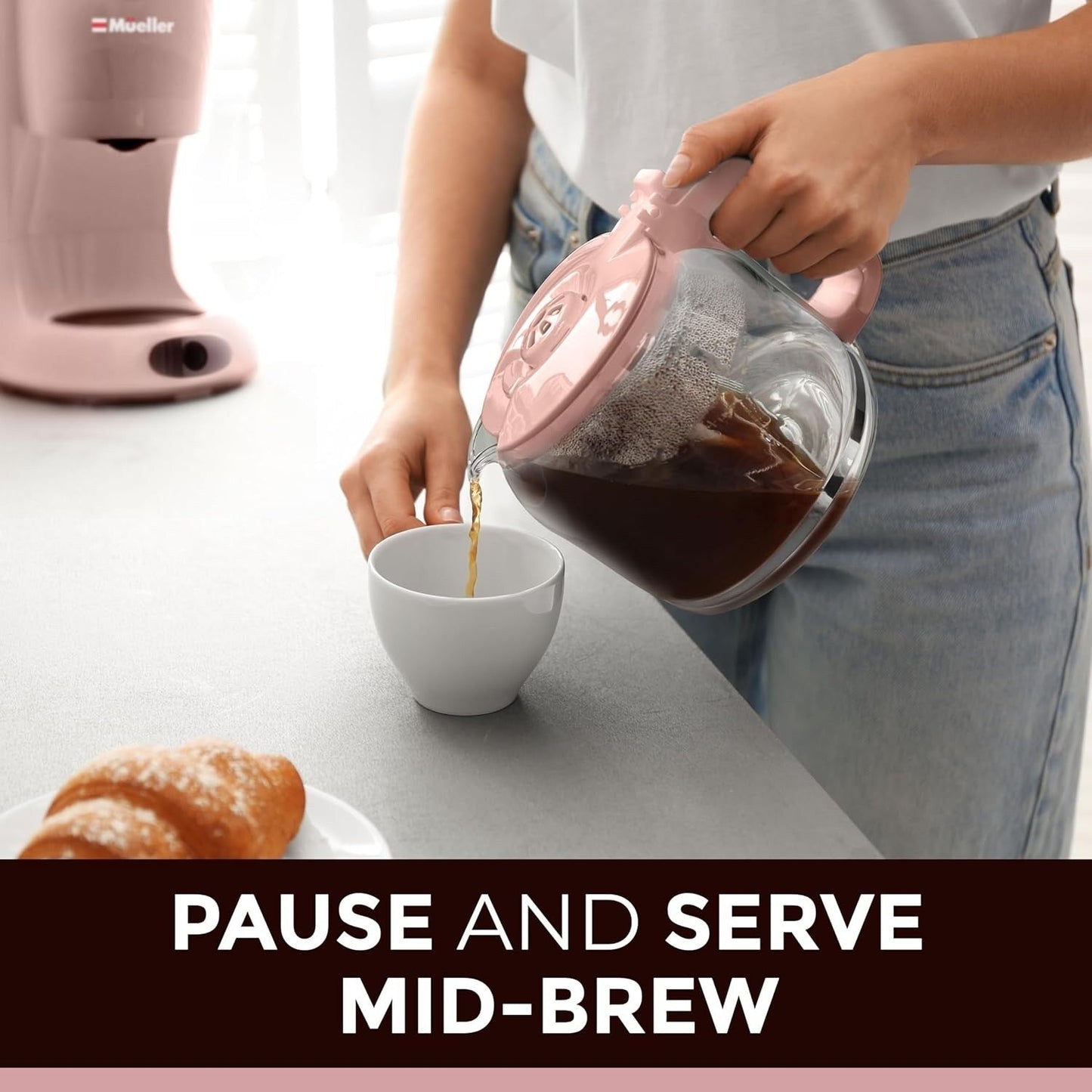 Cafetière rose 12 tasses, carafe en borosilicate, arrêt automatique, filtre réutilisable, fonction maintien au chaud