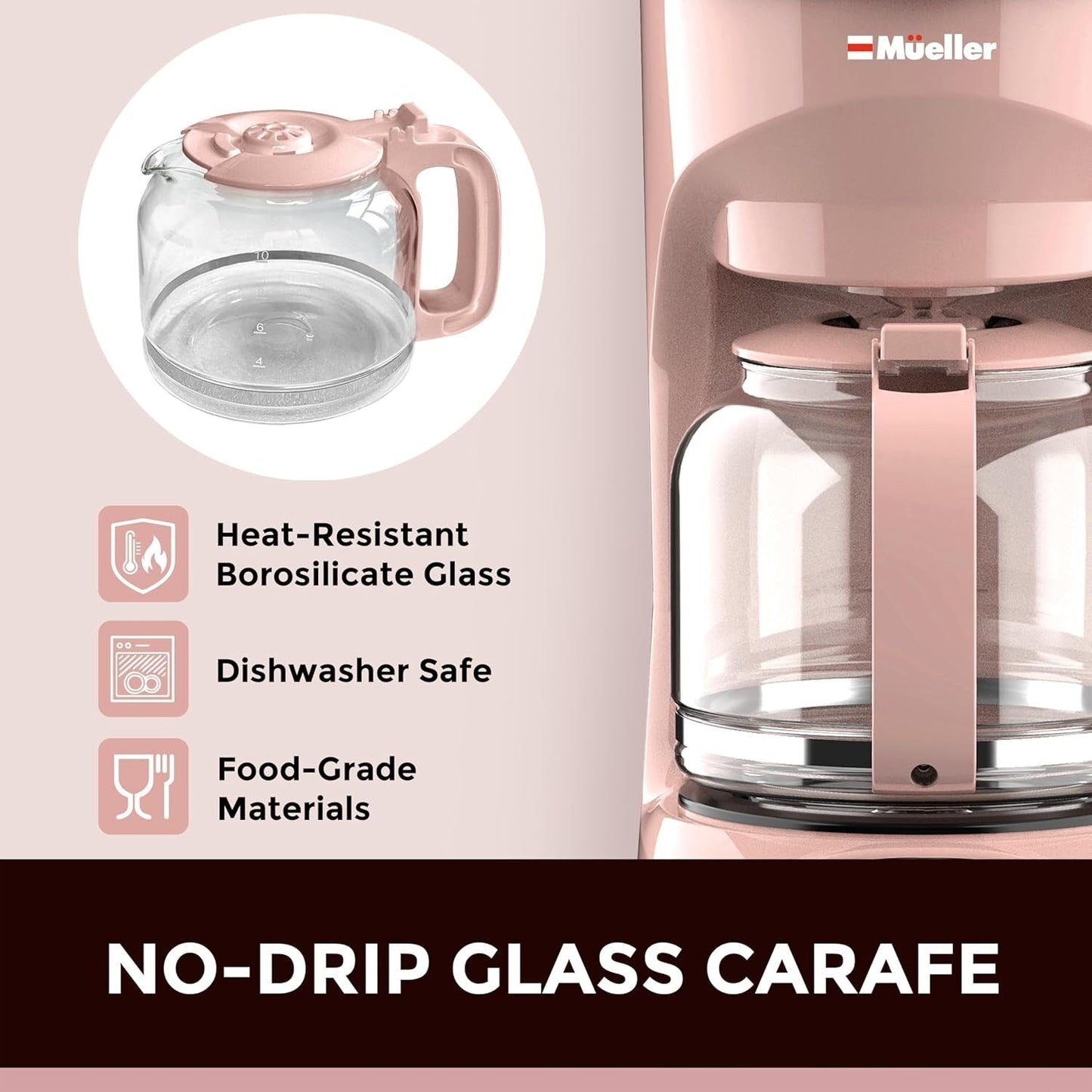 Cafetière rose 12 tasses, carafe en borosilicate, arrêt automatique, filtre réutilisable, fonction maintien au chaud