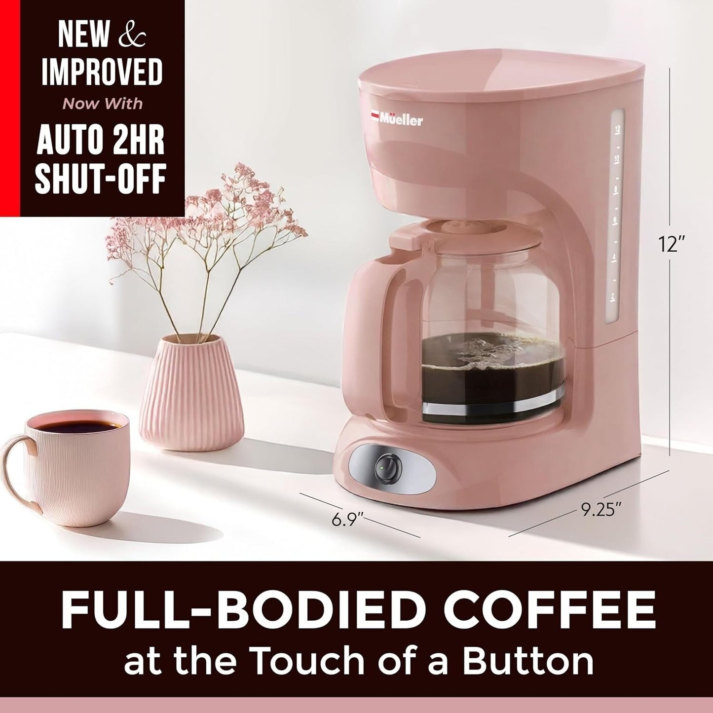 Cafetière rose 12 tasses, carafe en borosilicate, arrêt automatique, filtre réutilisable, fonction maintien au chaud