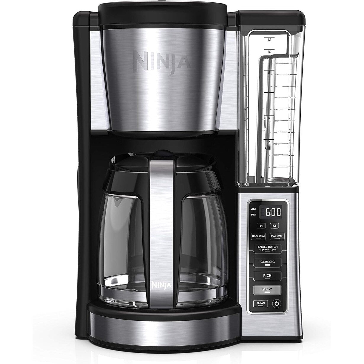 Cafetière programmable 12 tasses, 2 modes d'infusion, plaque chauffante réglable, réservoir de 1,7 l, infusion différée, acier inoxydable noir