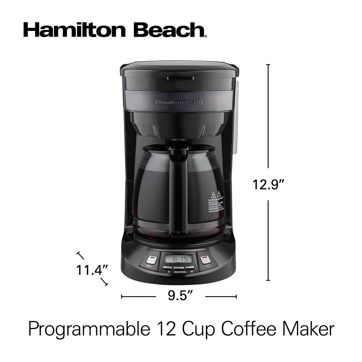 Cafetière goutte à goutte programmable 12 tasses avec 3 options d'infusion, carafe en verre, pause et versement automatiques, acier inoxydable noir (46293)