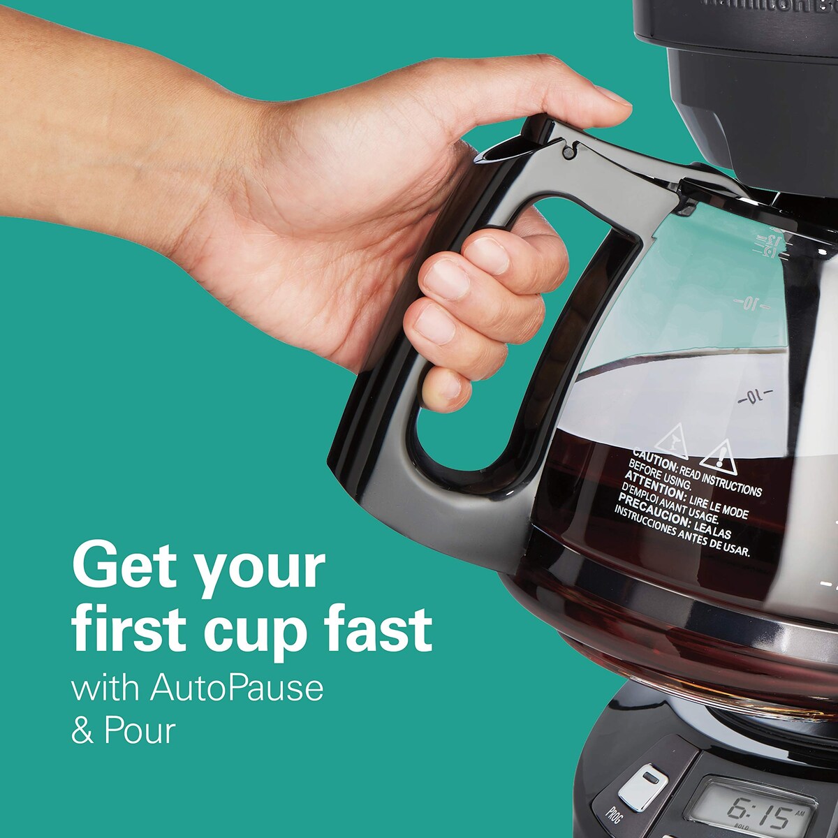 Cafetière goutte à goutte programmable 12 tasses avec 3 options d'infusion, carafe en verre, pause et versement automatiques, acier inoxydable noir (46293)