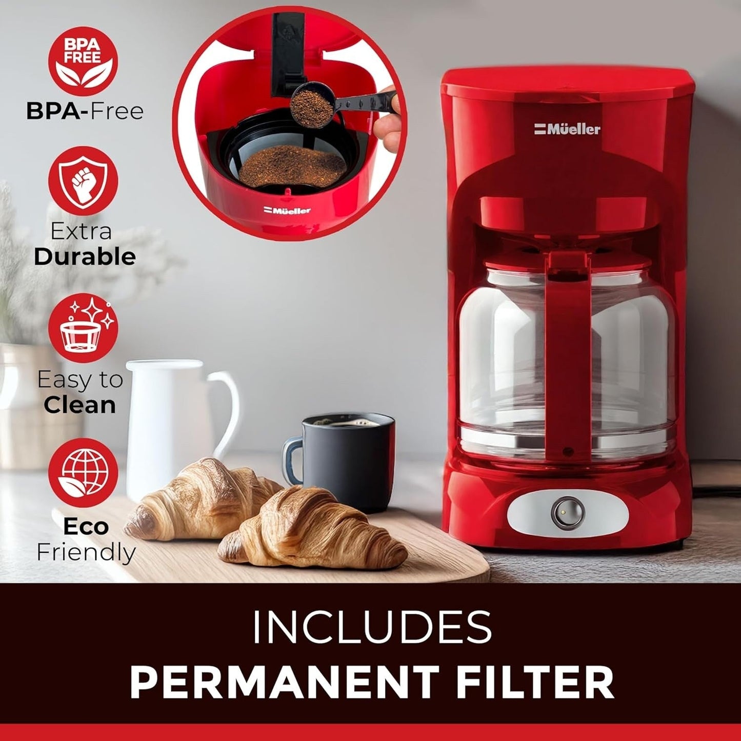 Cafetière rouge 12 tasses avec carafe en borosilicate, arrêt automatique, filtre réutilisable et technologie anti-goutte