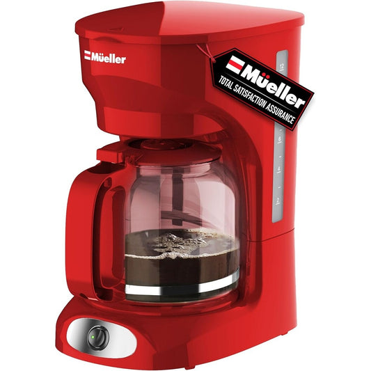 Cafetière rouge 12 tasses avec carafe en borosilicate, arrêt automatique, filtre réutilisable et technologie anti-goutte