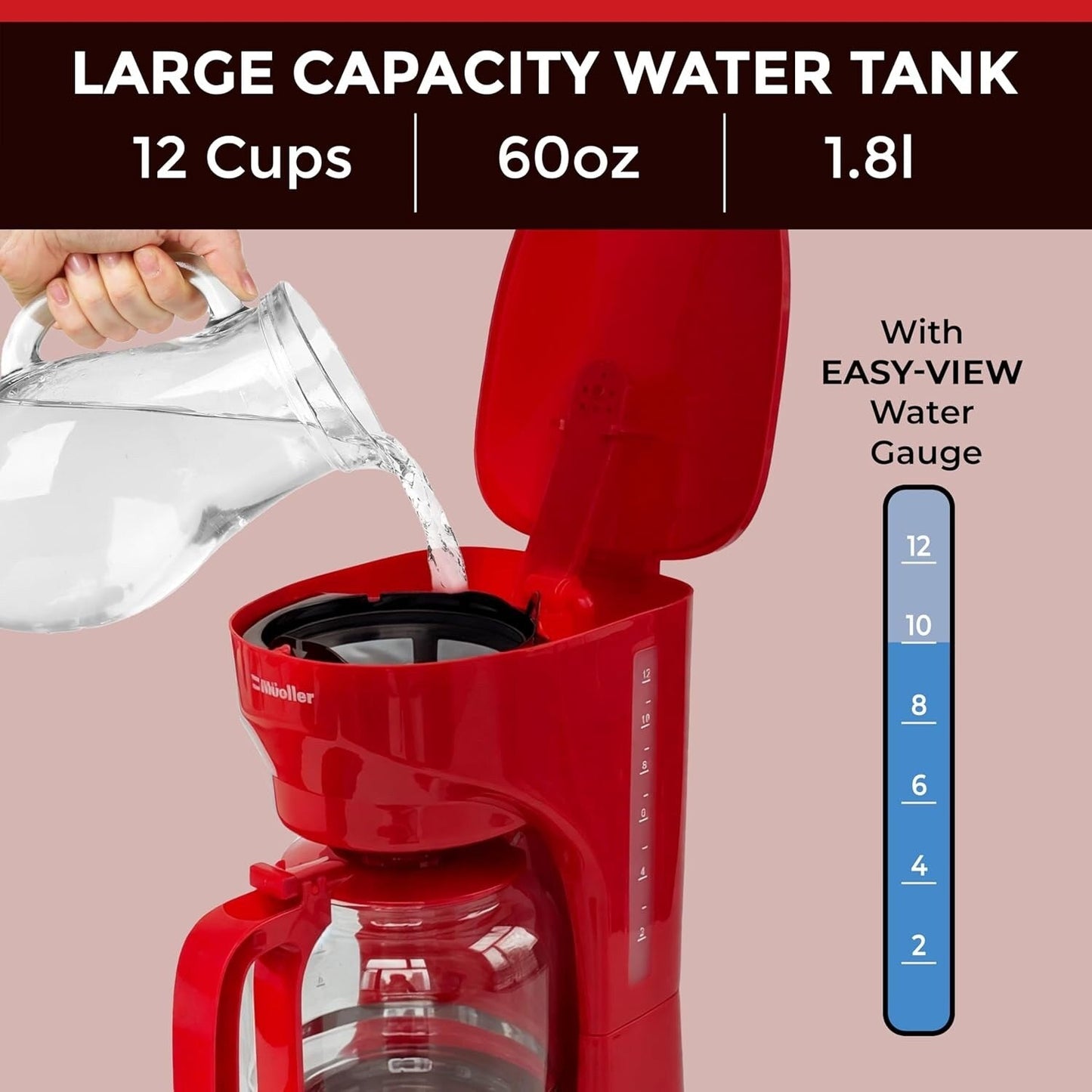 Cafetière rouge 12 tasses avec carafe en borosilicate, arrêt automatique, filtre réutilisable et technologie anti-goutte