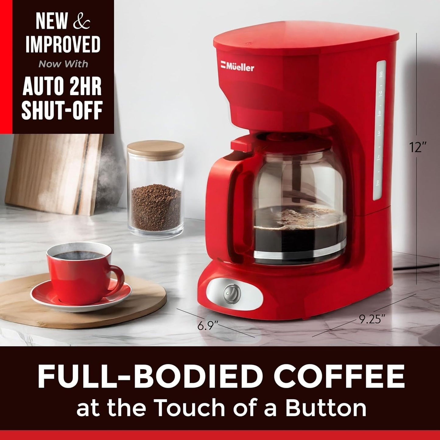 Cafetière rouge 12 tasses avec carafe en borosilicate, arrêt automatique, filtre réutilisable et technologie anti-goutte