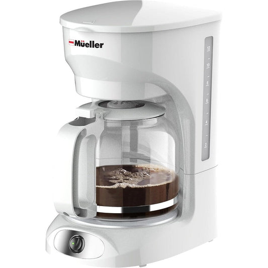 Cafetière blanche 12 tasses avec carafe en borosilicate, arrêt automatique, filtre réutilisable et fenêtre transparente