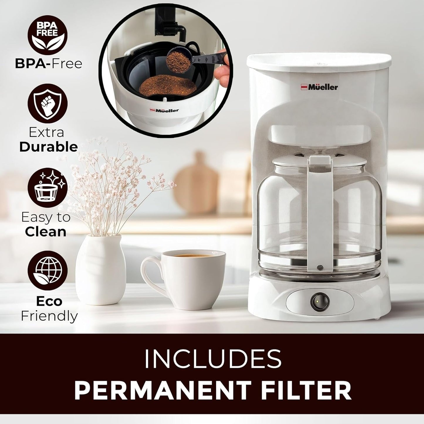 Cafetière blanche 12 tasses avec carafe en borosilicate, arrêt automatique, filtre réutilisable et fenêtre transparente