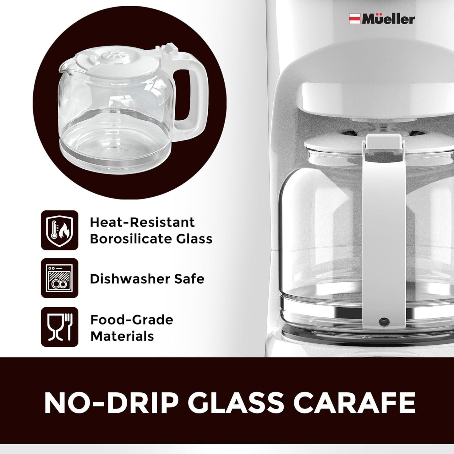 Cafetière blanche 12 tasses avec carafe en borosilicate, arrêt automatique, filtre réutilisable et fenêtre transparente