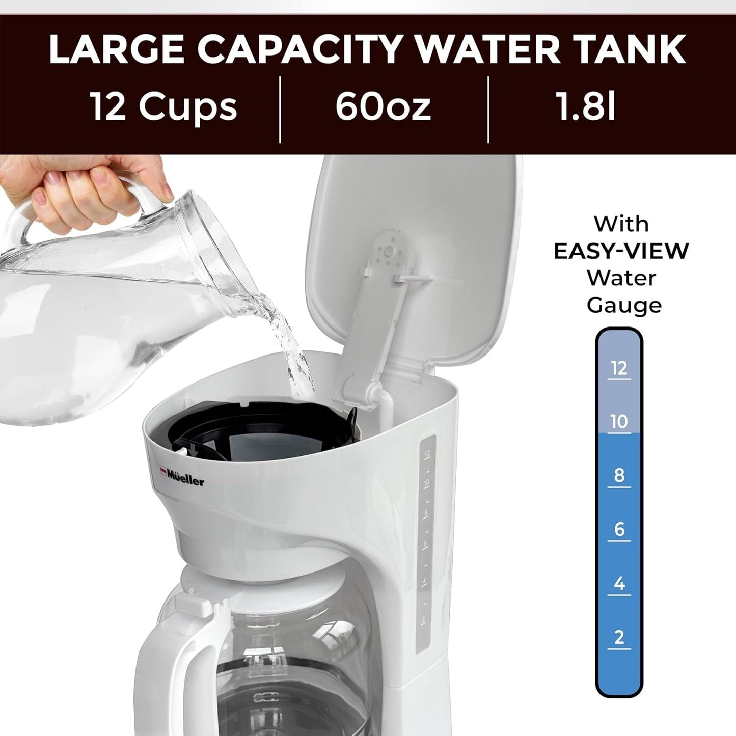 Cafetière blanche 12 tasses avec carafe en borosilicate, arrêt automatique, filtre réutilisable et fenêtre transparente