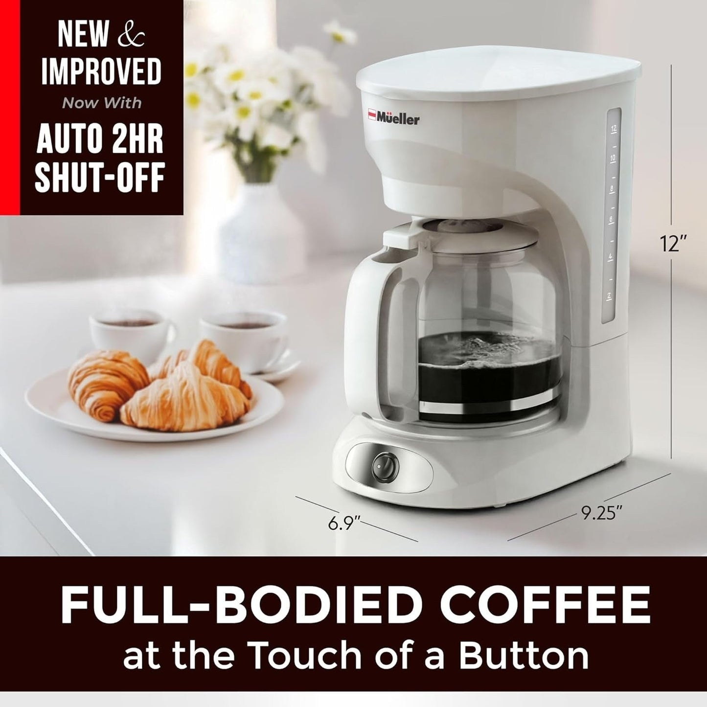 Cafetière blanche 12 tasses avec carafe en borosilicate, arrêt automatique, filtre réutilisable et fenêtre transparente
