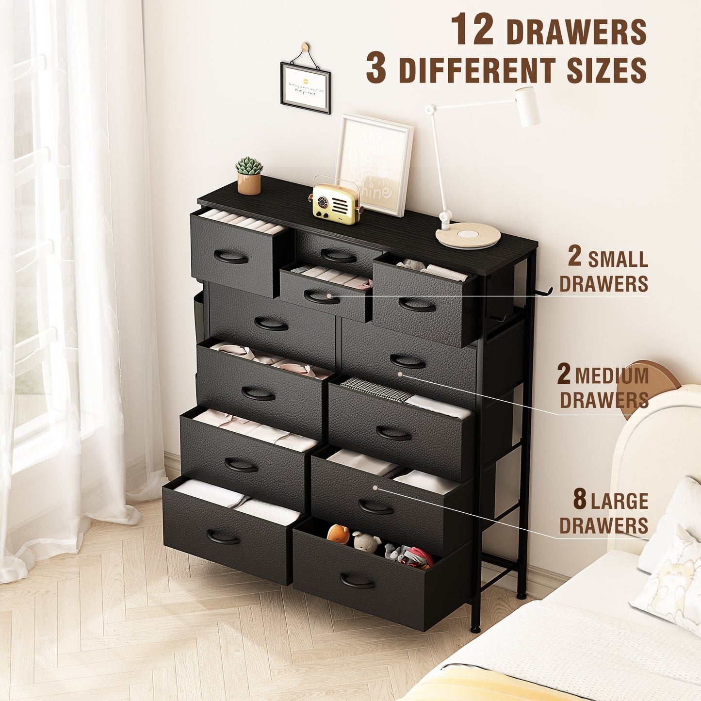 Commode haute en tissu à 12 tiroirs pour chambre à coucher