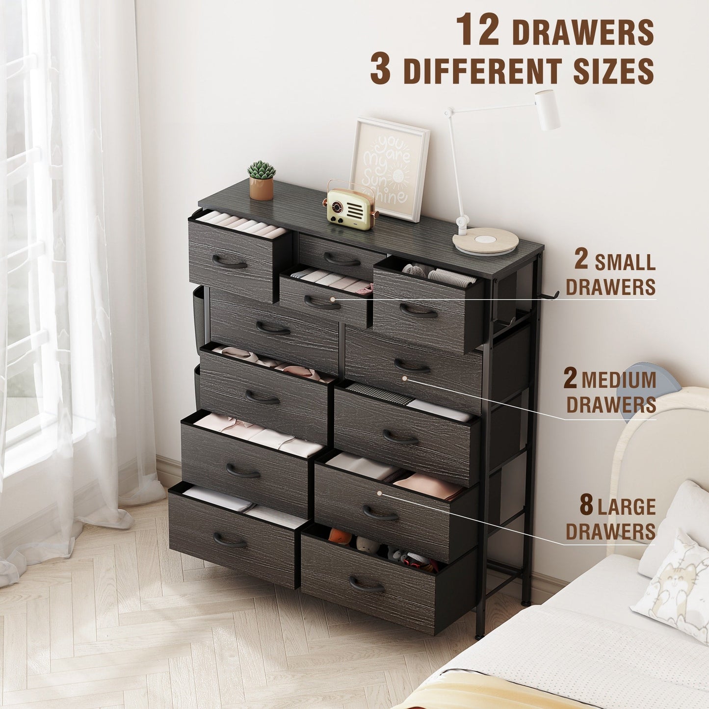 Commode haute en tissu à 12 tiroirs pour chambre à coucher