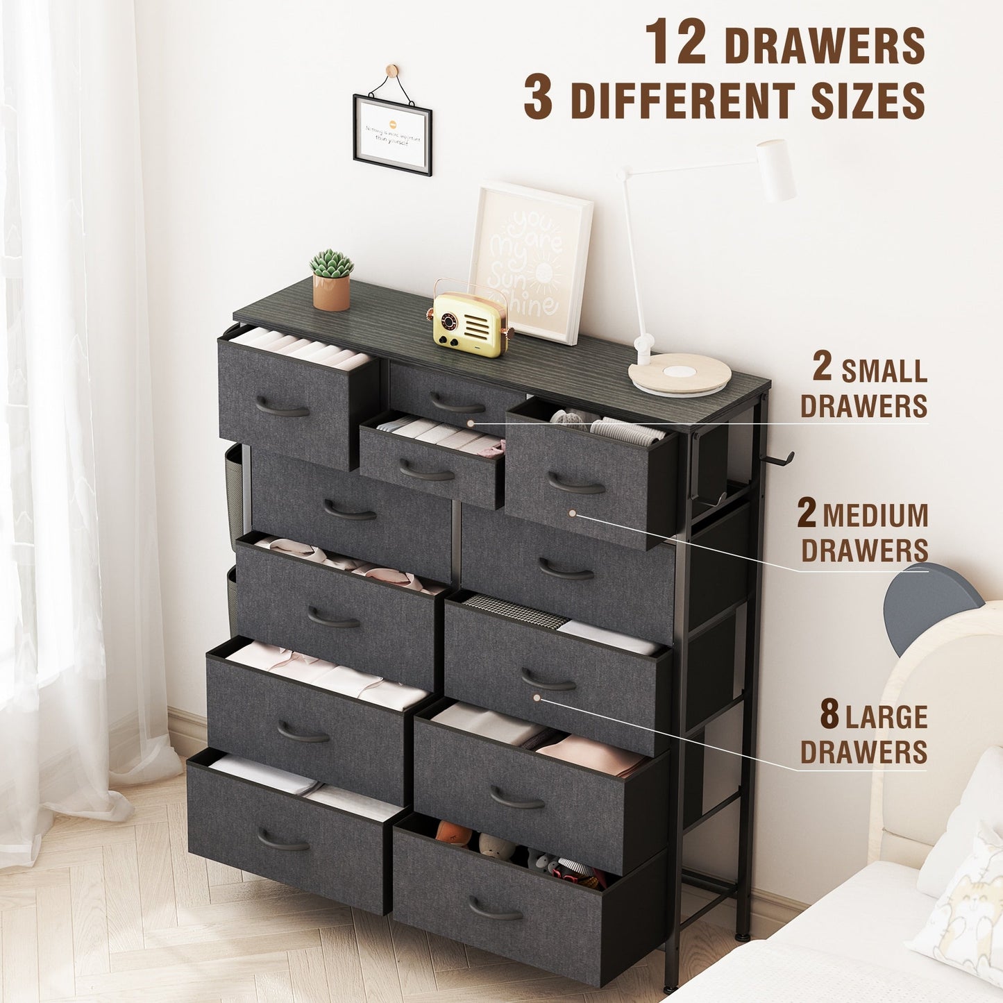Commode haute en tissu à 12 tiroirs pour chambre à coucher