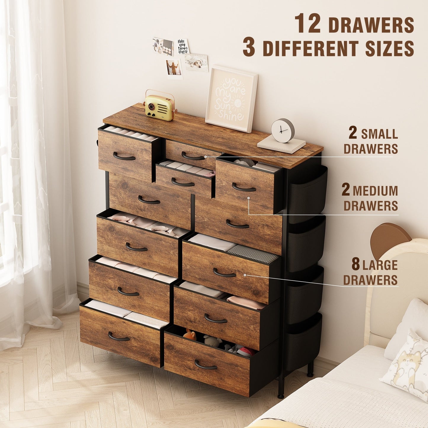 Commode haute en tissu à 12 tiroirs pour chambre à coucher