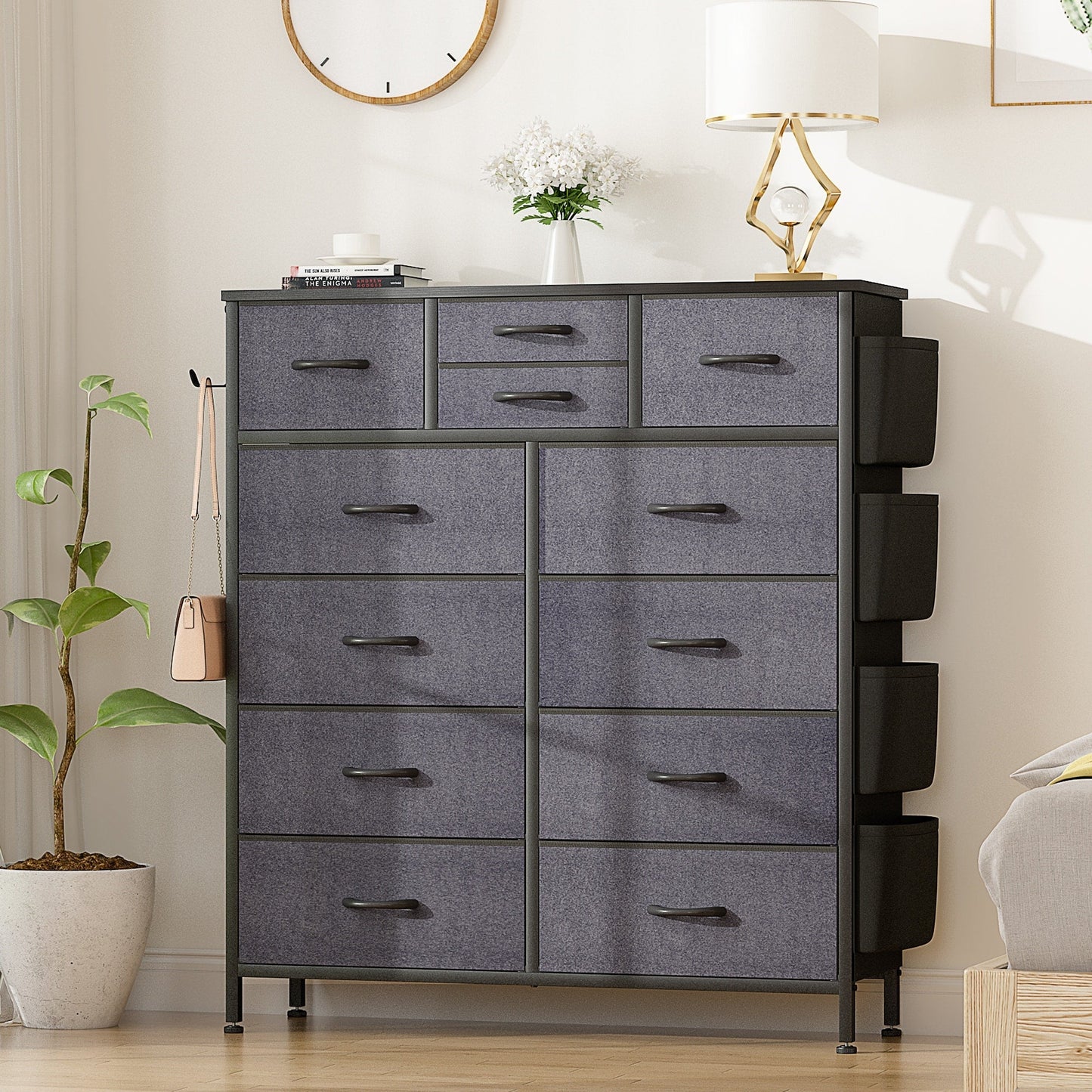 Commode haute en tissu à 12 tiroirs pour chambre à coucher