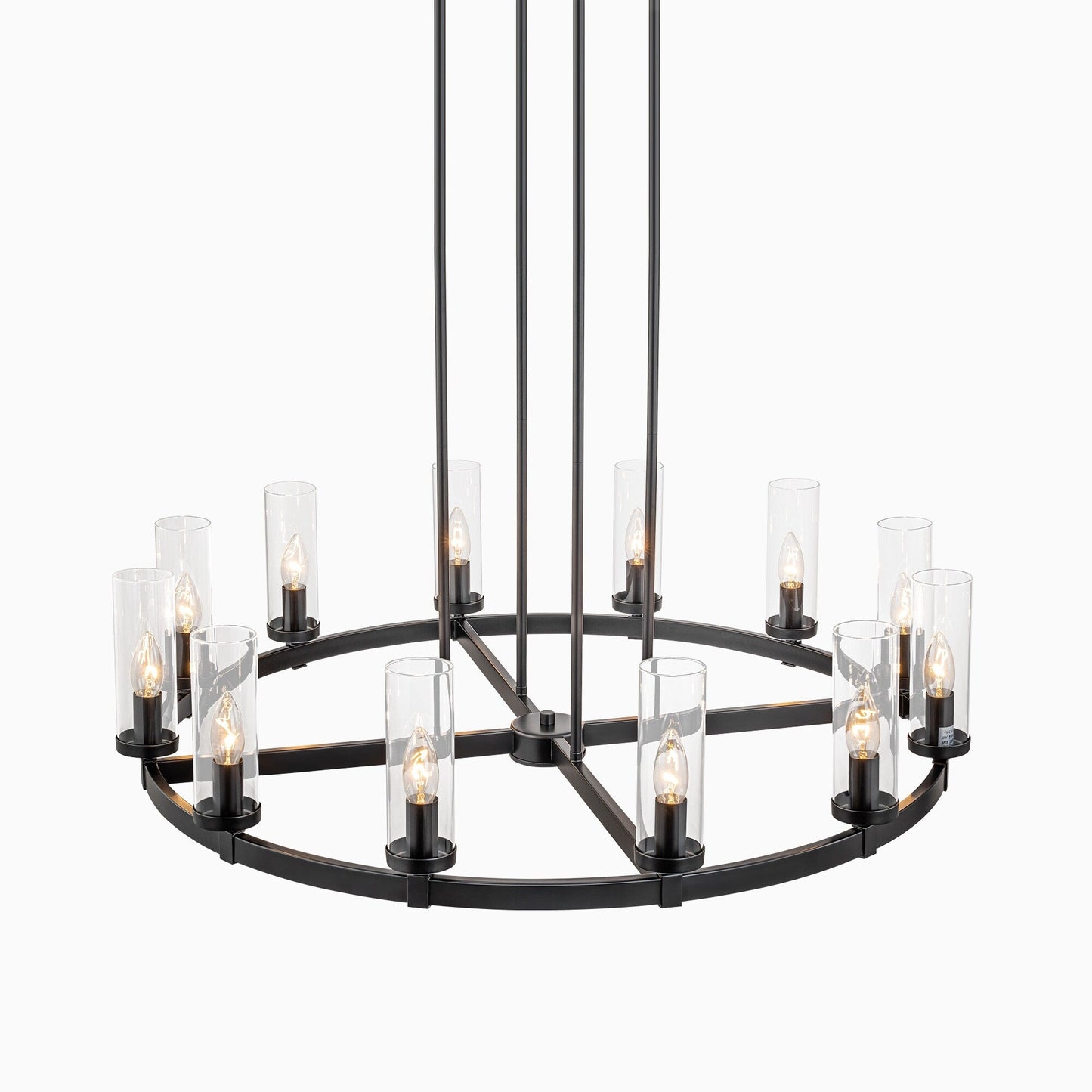 Lustre à 12 lumières en forme de roue de chariot, style moderne du milieu du siècle, en verre transparent, de couleur or/noir, grand modèle