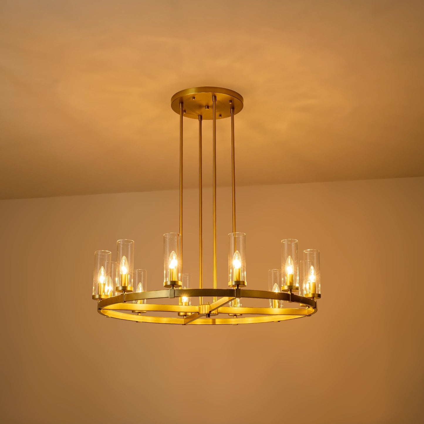 Lustre à 12 lumières en forme de roue de chariot, style moderne du milieu du siècle, en verre transparent, de couleur or/noir, grand modèle