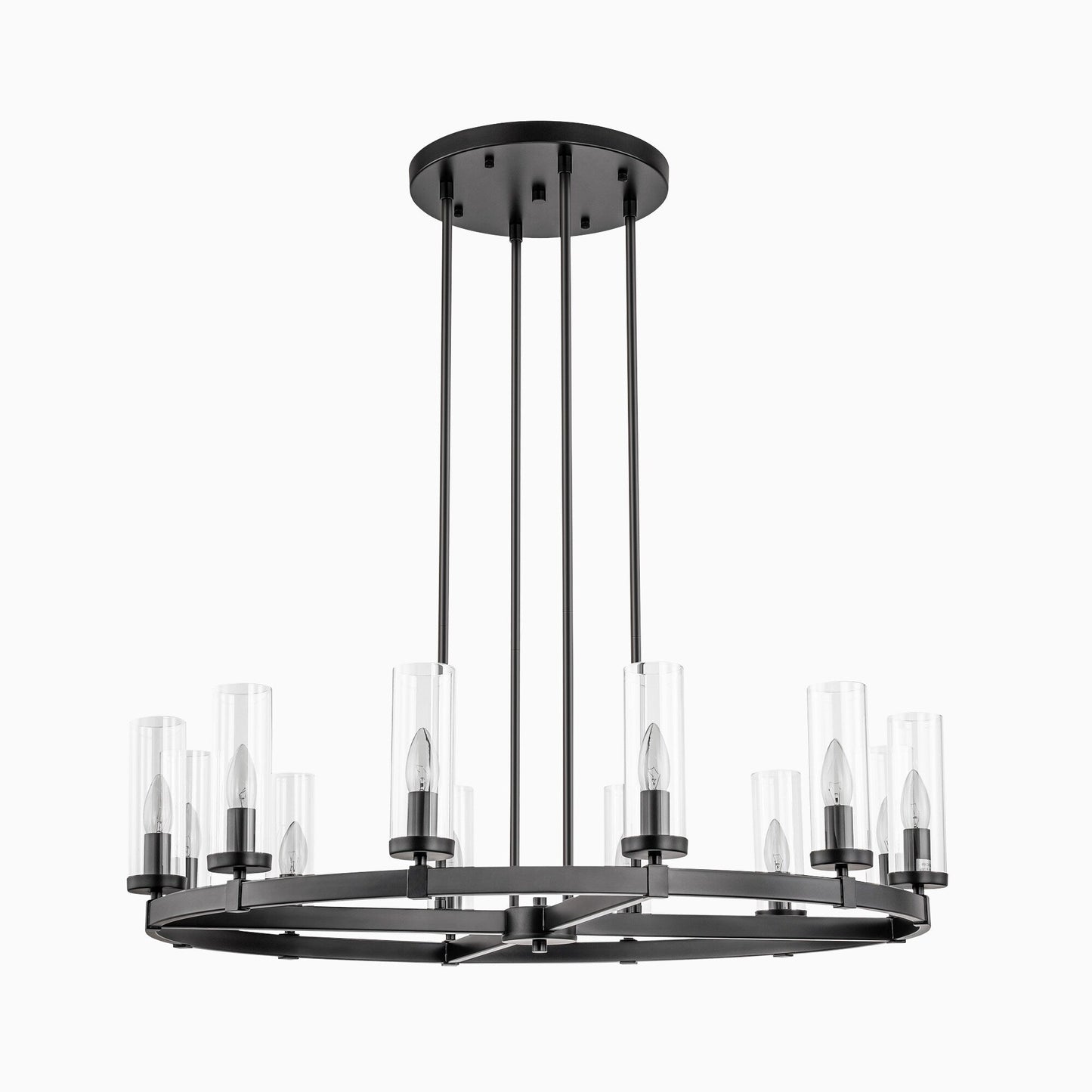 Lustre à 12 lumières en forme de roue de chariot, style moderne du milieu du siècle, en verre transparent, de couleur or/noir, grand modèle