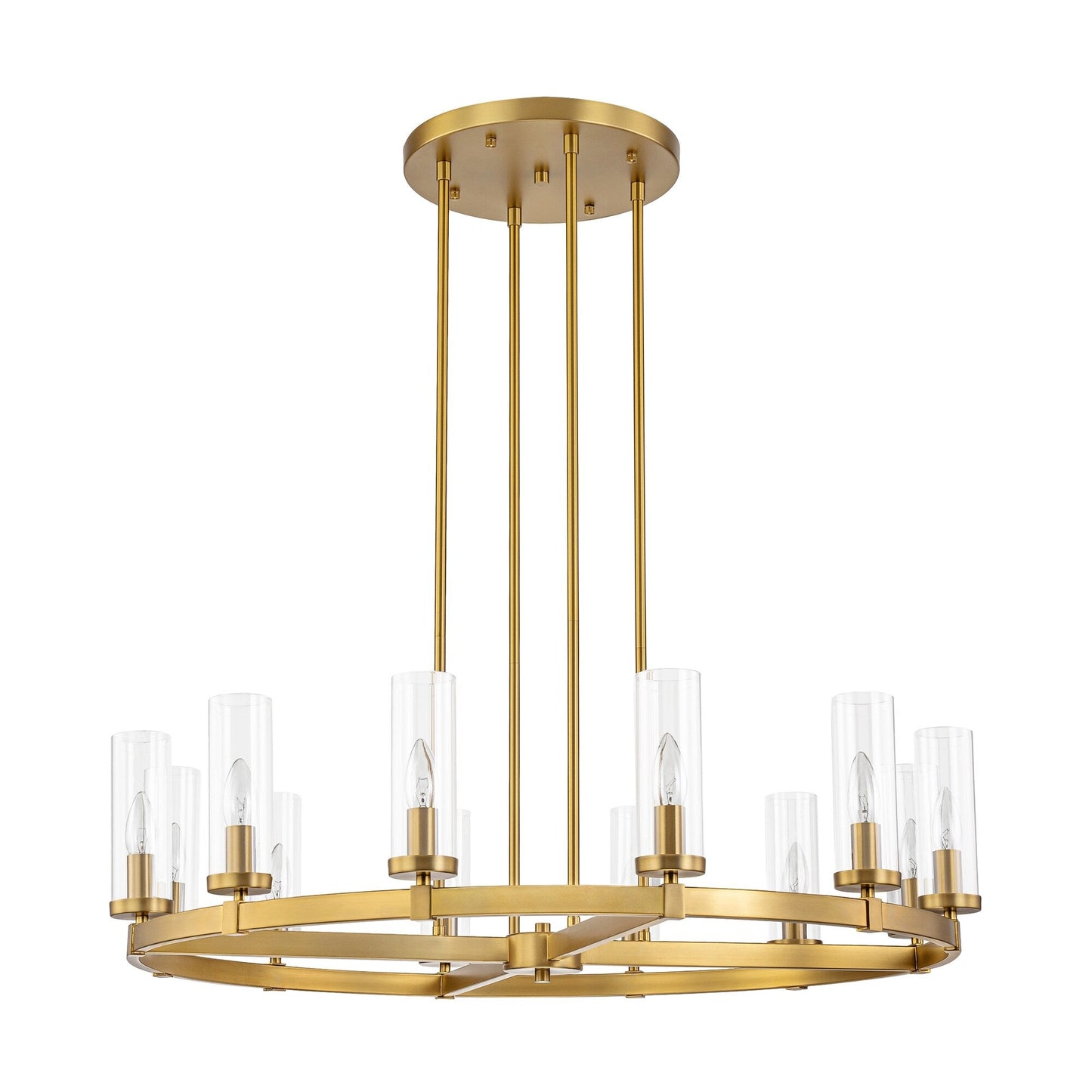 Lustre à 12 lumières en forme de roue de chariot, style moderne du milieu du siècle, en verre transparent, de couleur or/noir, grand modèle