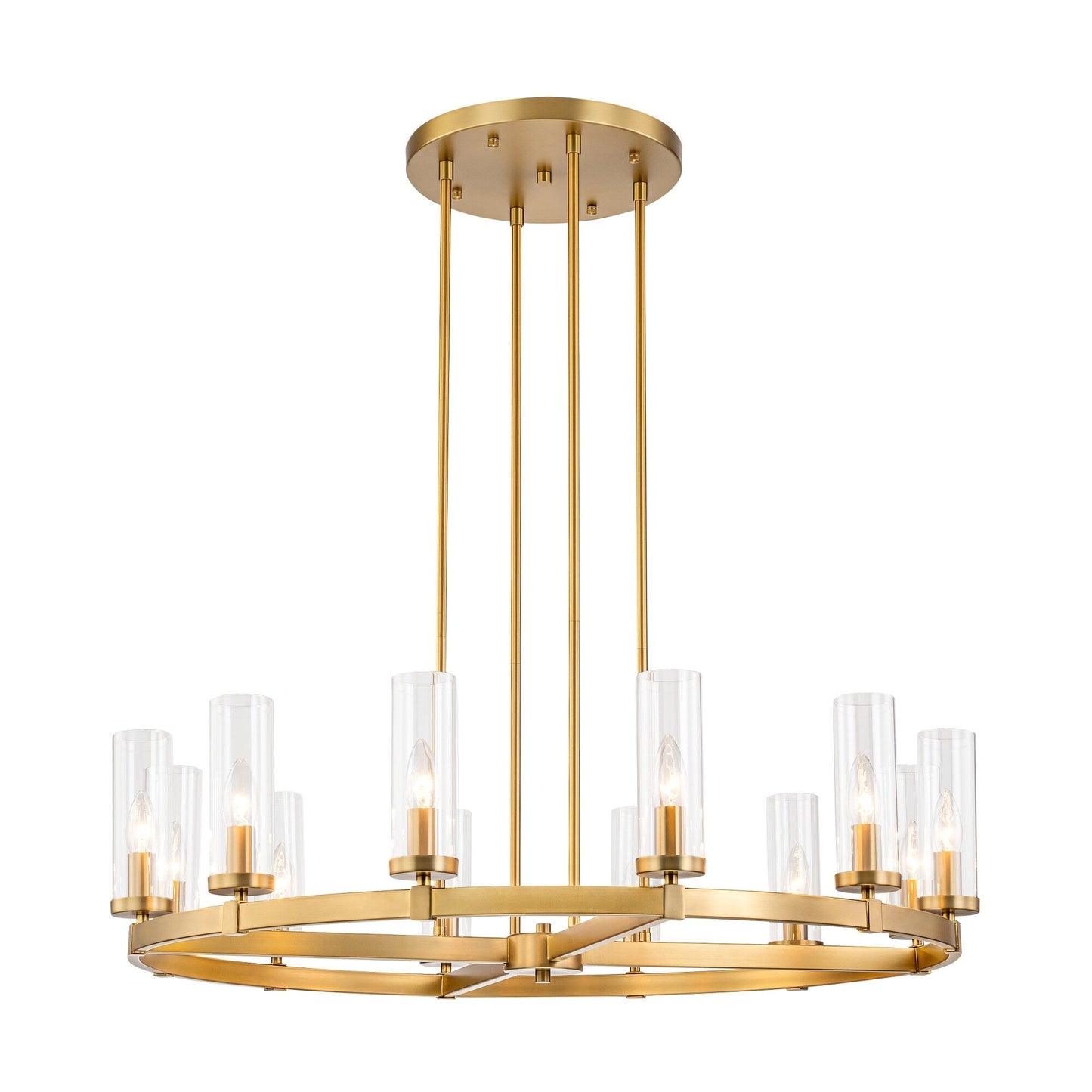 Lustre à 12 lumières en forme de roue de chariot, style moderne du milieu du siècle, en verre transparent, de couleur or/noir, grand modèle