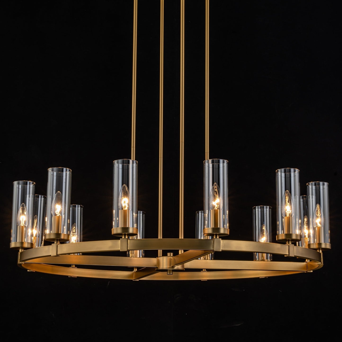 Lustre à 12 lumières en forme de roue de chariot, style moderne du milieu du siècle, en verre transparent, de couleur or/noir, grand modèle