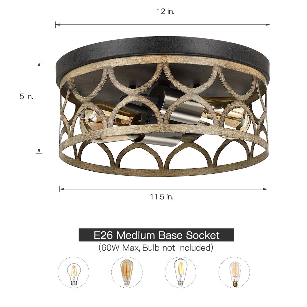 Plafonnier encastré à 2 lumières, 12 po, bronze et bois – 12 W