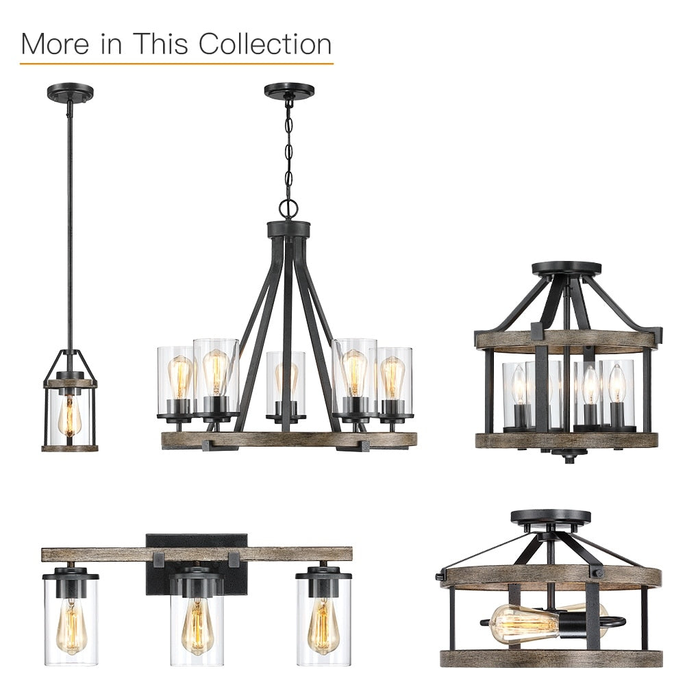 Plafonnier semi-encastré de style campagnard moderne à 4 lumières, 12,5 po, en fer naturel et imitation bois vieilli - 12,5 W